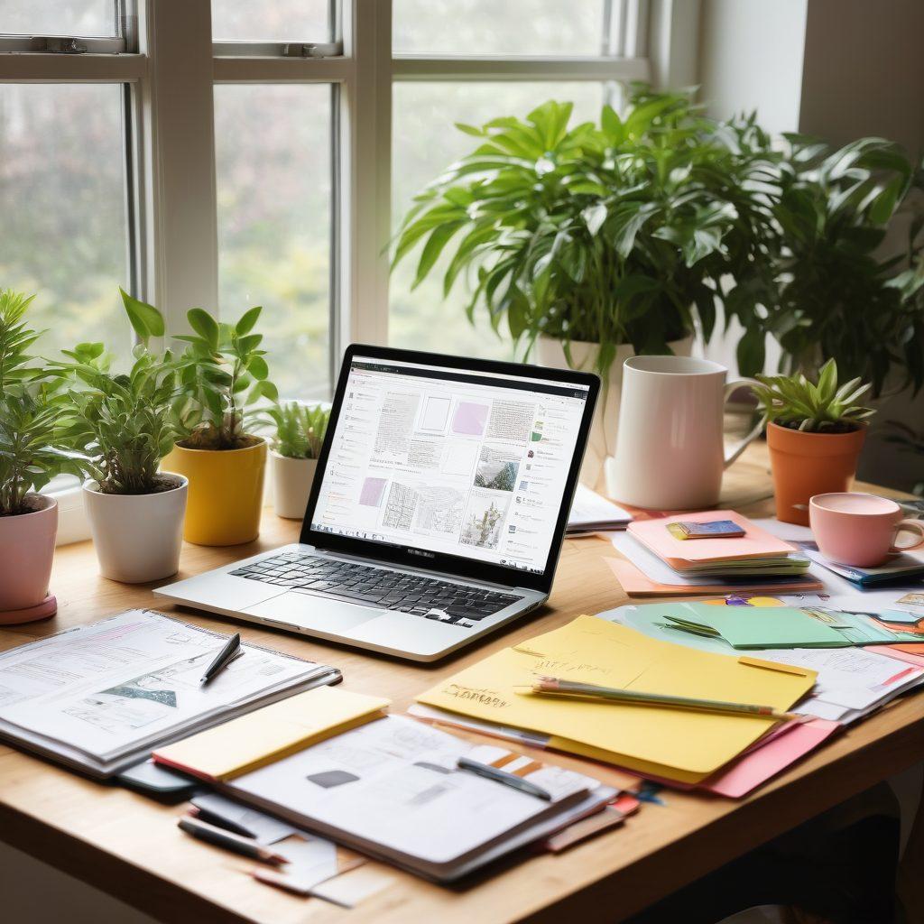 A creative workspace featuring a laptop open to a colorful blog page, surrounded by design tools like sketchbooks, a tablet displaying wireframes, and vibrant sticky notes with ideas. Natural light streaming in through a window, plants adding a touch of greenery, and a coffee cup nearby for inspiration. The scene should evoke a sense of creativity and productivity.REALISTIC. vibrant colors. white background.