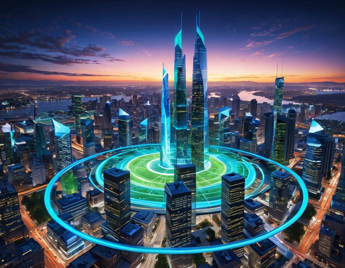 A futuristic data hub towering above a vibrant city landscape, with interconnected glowing nodes representing knowledge and resources, swirling data streams pulsing around. Diverse professionals collaborating at digital interfaces, conveying teamwork and innovation. Bright blue and green colors illuminate the scene, showcasing a sense of advanced technology and efficiency. 3D. vibrant colors.