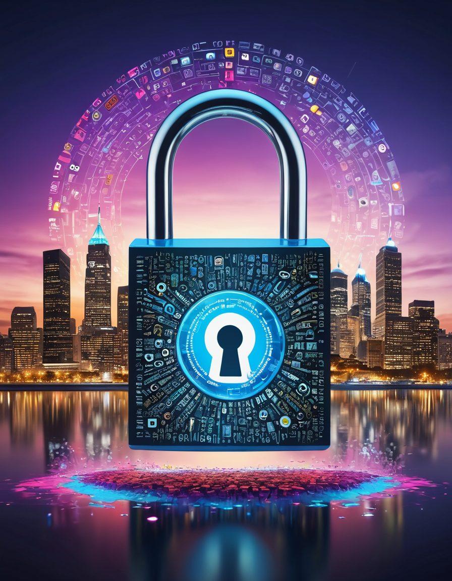 A visually striking open padlock with digital code streaming out, symbolizing access to online content. Surrounding the padlock are diverse icons representing various aspects of web development: coding, design, SEO, and multimedia. In the background, a vibrant cityscape of websites and apps, merging technology and creativity. The overall atmosphere should convey a sense of exploration and discovery in the digital world. super-realistic. vibrant colors. white background.